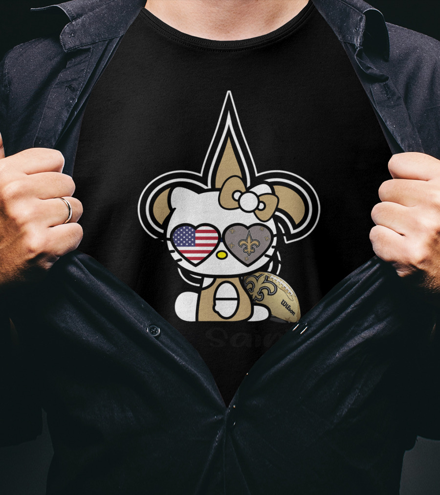 Hello Saints New Orleans Football Fleur-De-Lis Kitty Usa Heart T-Shirt
