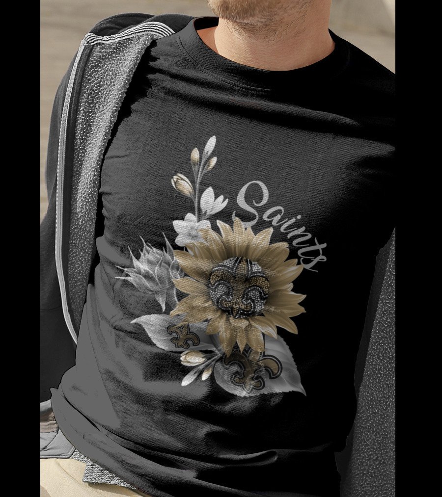 Saints Black And Gold Fleur-De-Lis Floral T-Shirt