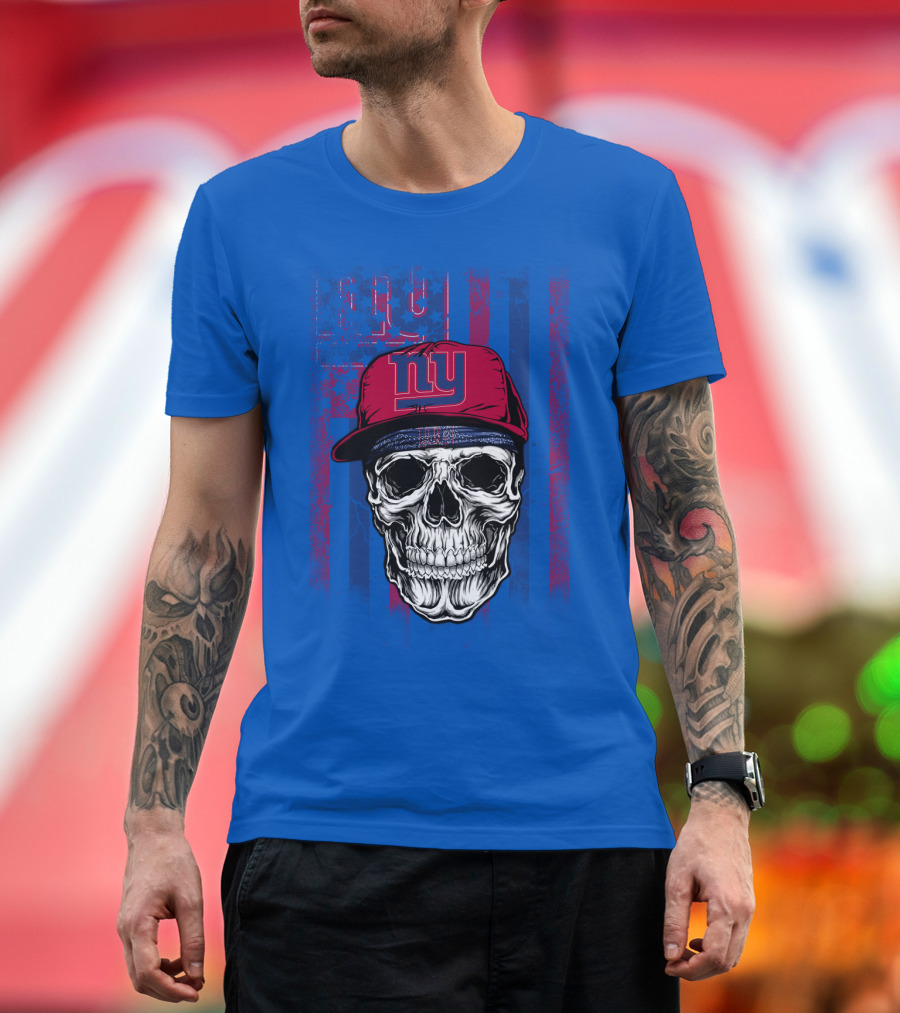 Ny Giants Skull With Red Cap On Blue T-Shirt
