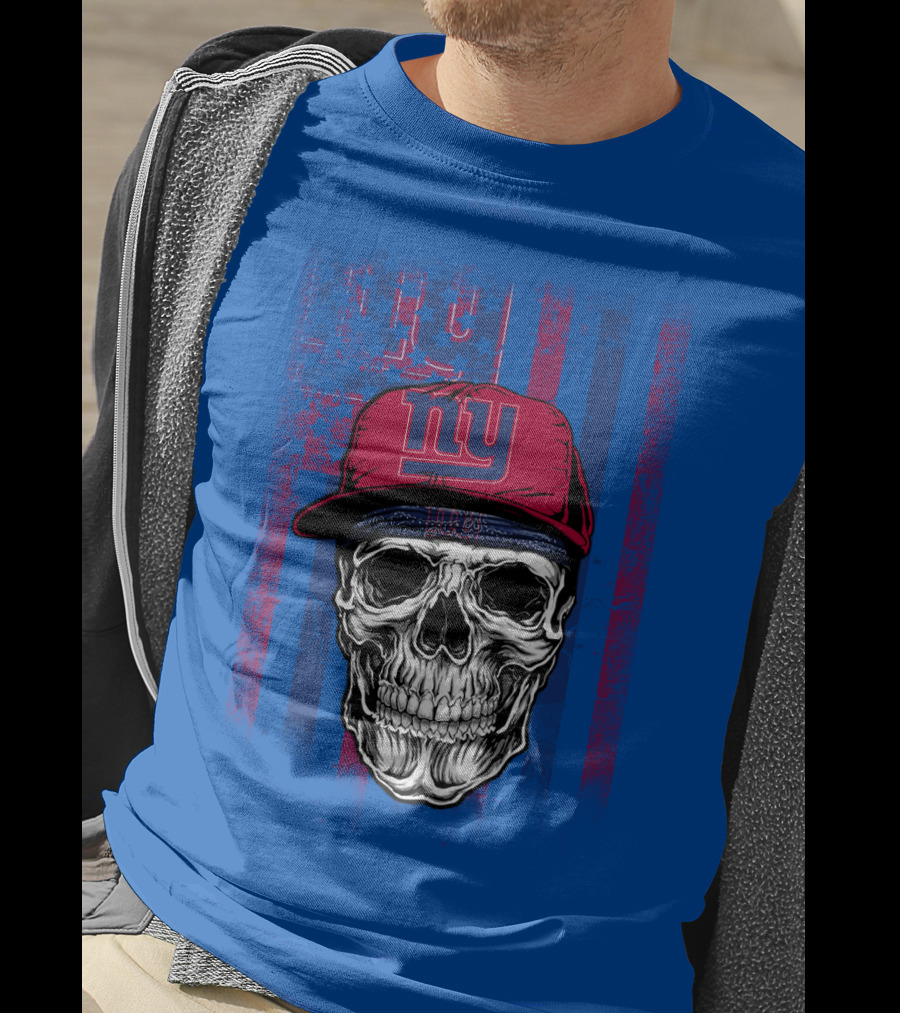 Ny Giants Skull With Red Cap On Blue T-Shirt