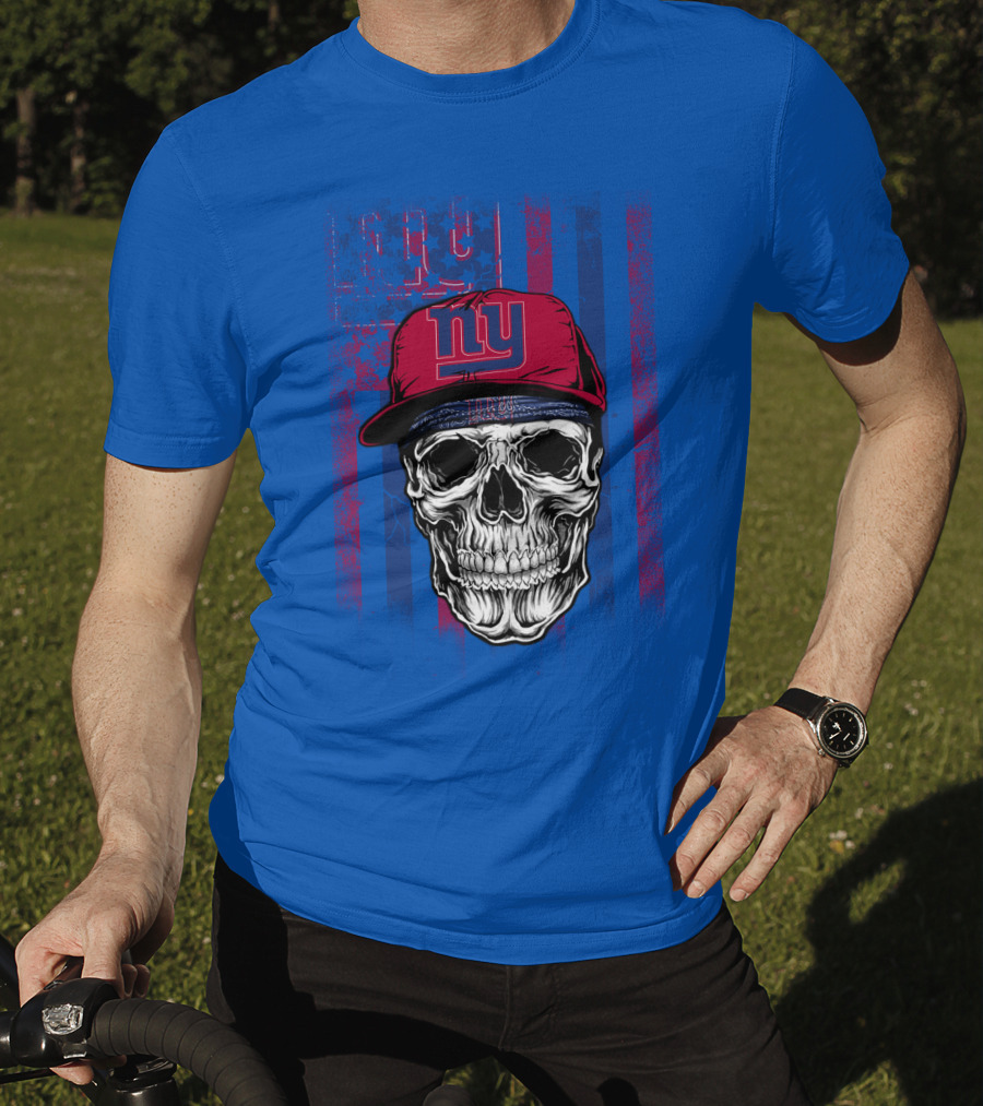Ny Giants Skull With Red Cap On Blue T-Shirt