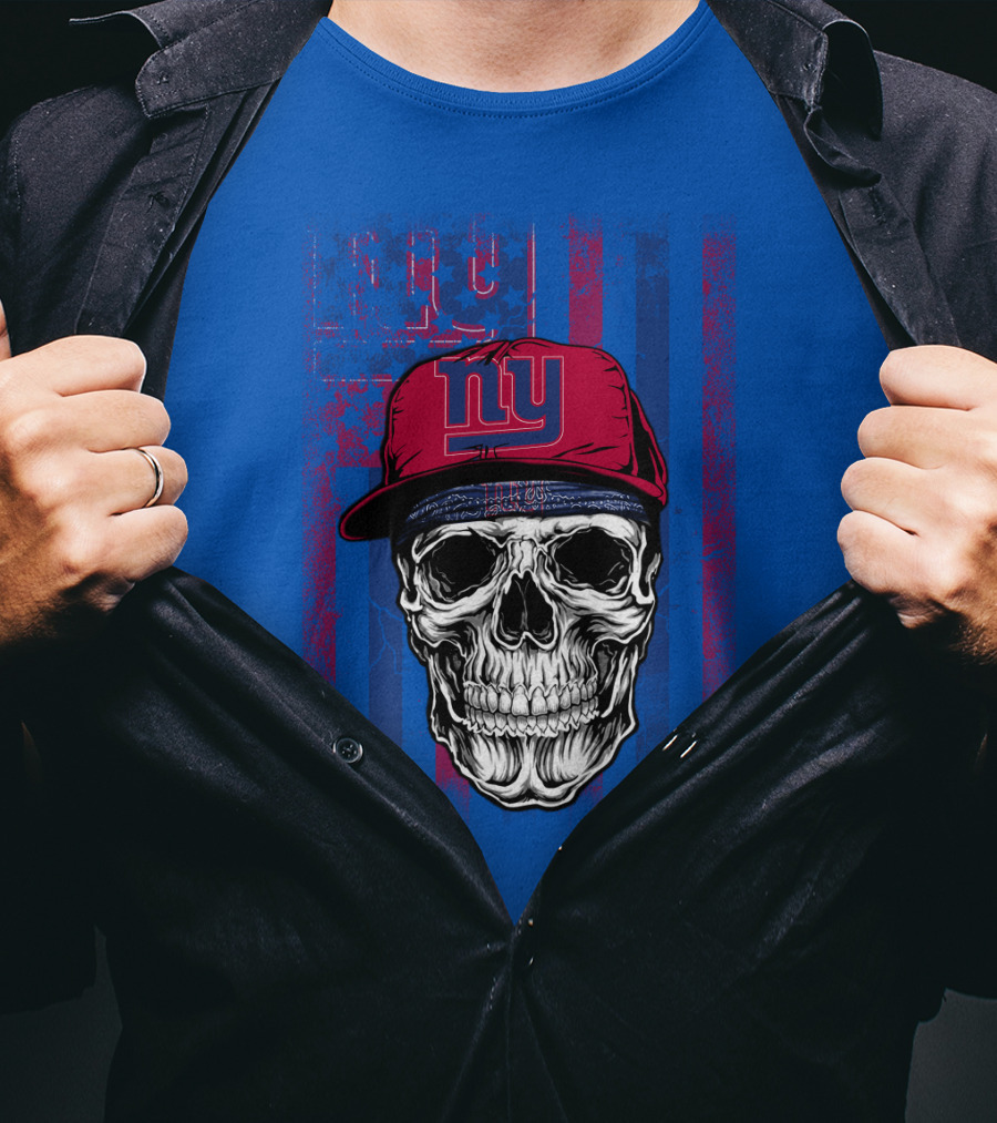 Ny Giants Skull With Red Cap On Blue T-Shirt