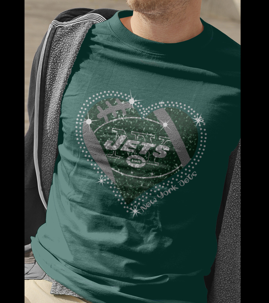 New York Jets Heart Football Sparkle T-Shirt