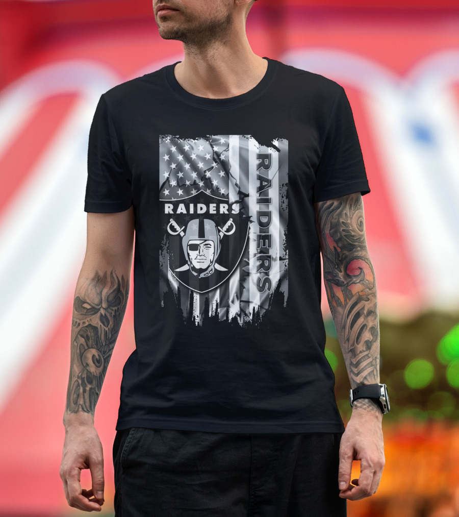Raiders Nfl Logo With Black And White American Flag T-Shirt