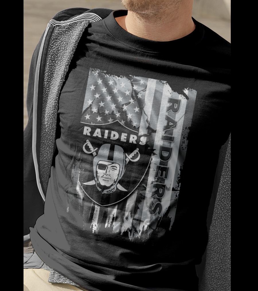 Raiders Nfl Logo With Black And White American Flag T-Shirt