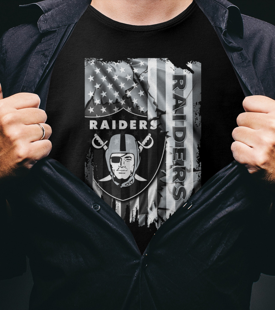 Raiders Nfl Logo With Black And White American Flag T-Shirt