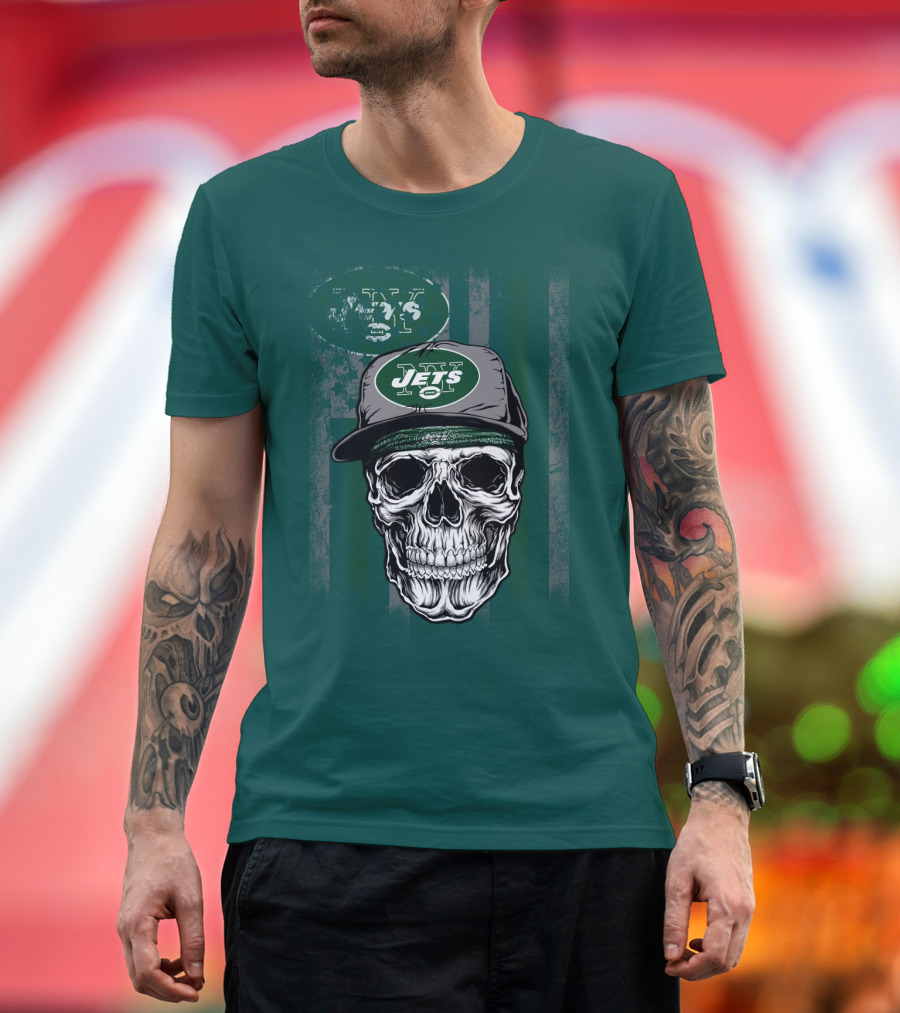 Skull With New York Jets Cap And Logo On Green Stripe T-Shirt