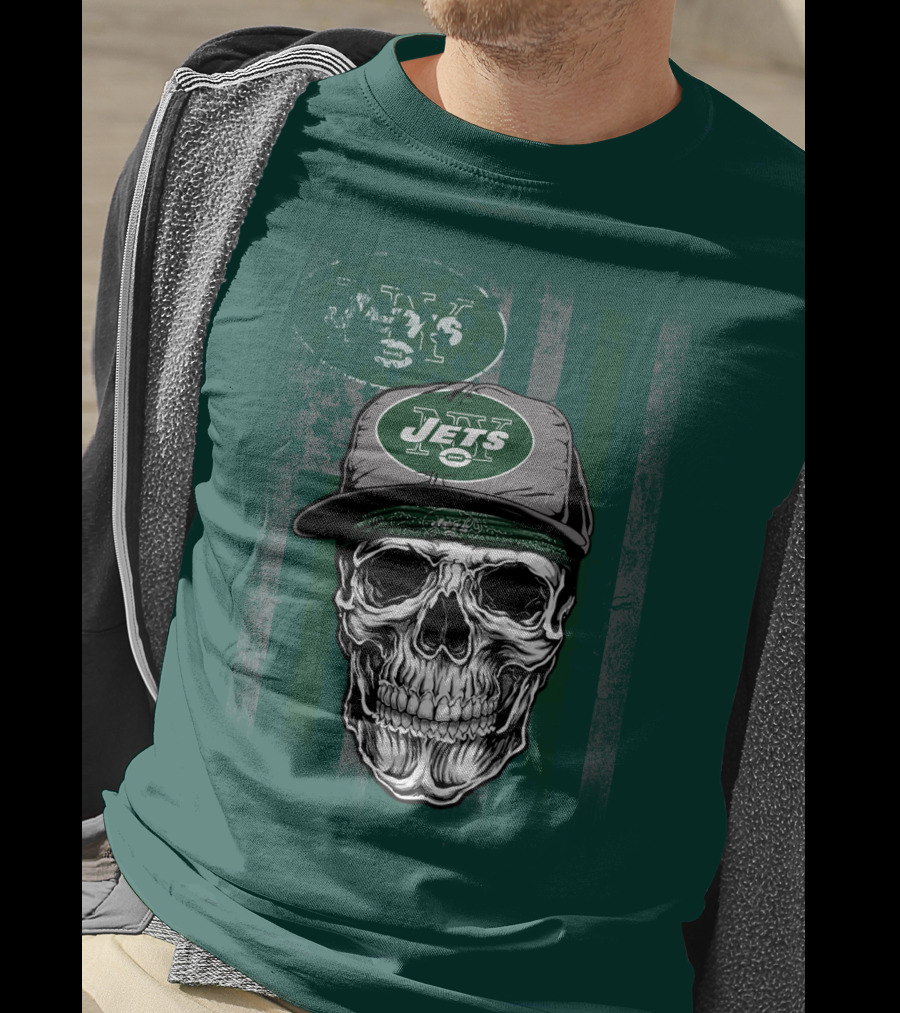 Skull With New York Jets Cap And Logo On Green Stripe T-Shirt