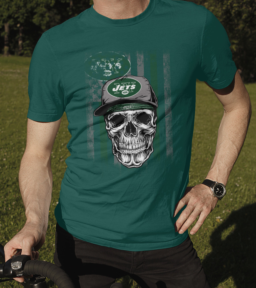 Skull With New York Jets Cap And Logo On Green Stripe T-Shirt