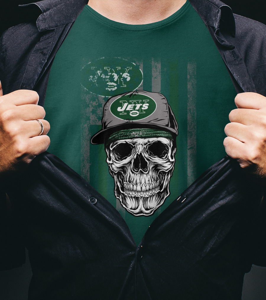 Skull With New York Jets Cap And Logo On Green Stripe T-Shirt
