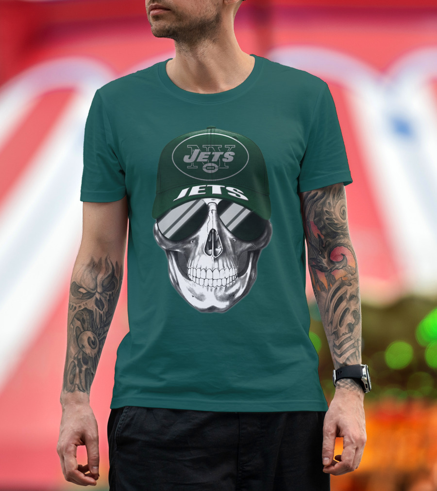 New York Jets Skull With Cap And Sunglasses T-Shirt