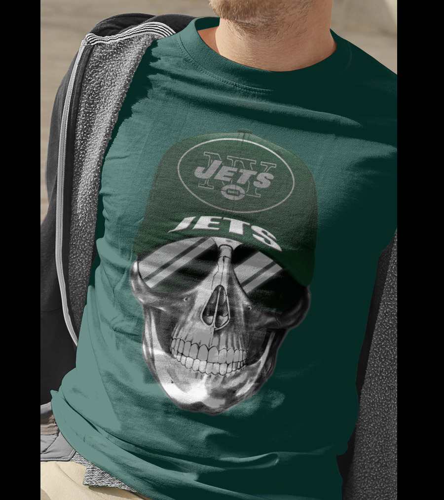 New York Jets Skull With Cap And Sunglasses T-Shirt
