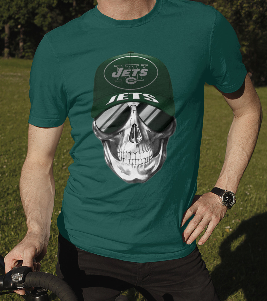 New York Jets Skull With Cap And Sunglasses T-Shirt