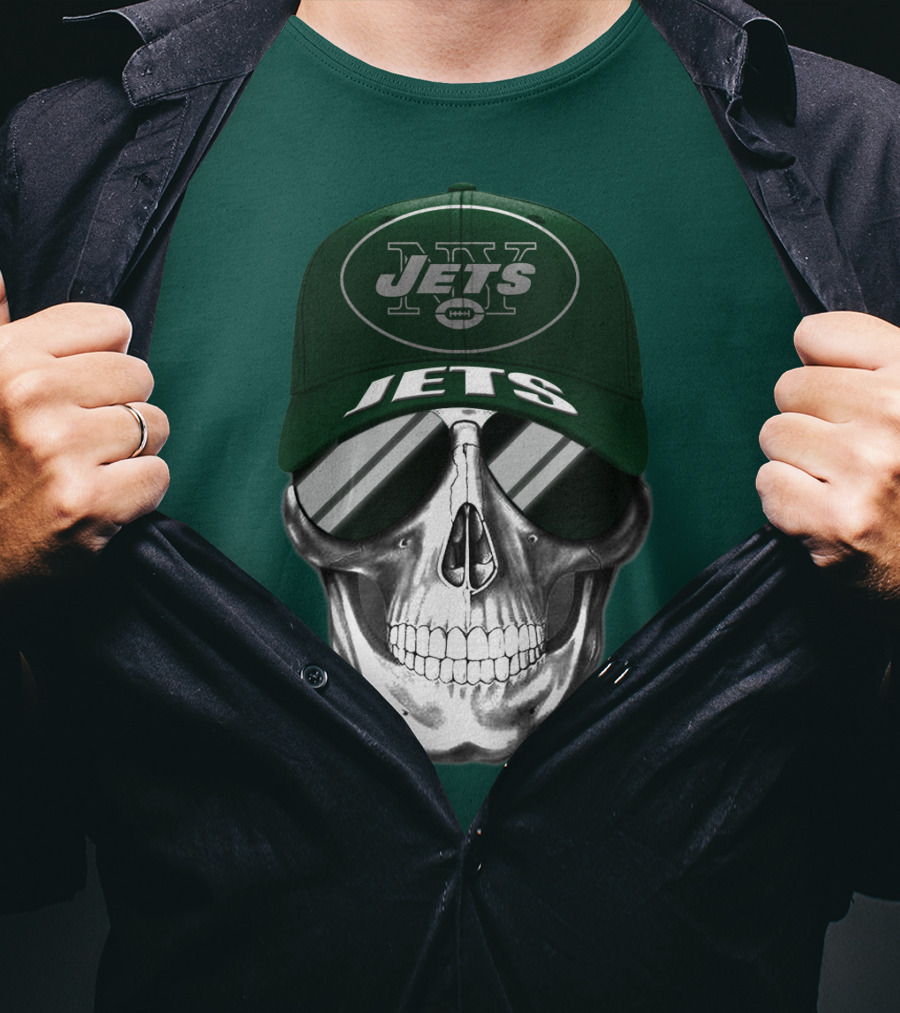 New York Jets Skull With Cap And Sunglasses T-Shirt