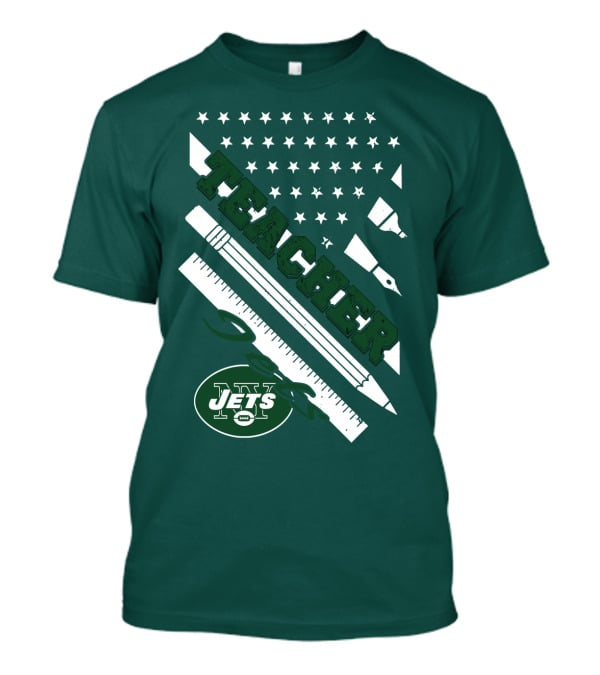 New York Jets Teacher Football Enthusiast American Flag And School Supplies T-Shirt