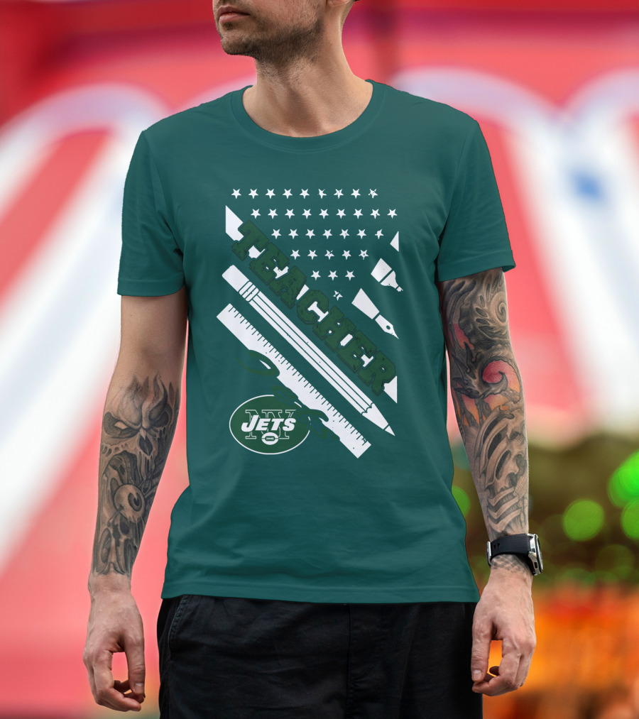 New York Jets Teacher Football Enthusiast American Flag And School Supplies T-Shirt
