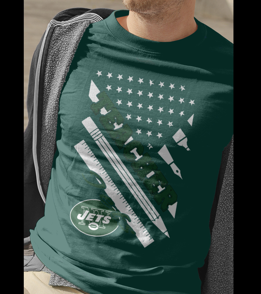 New York Jets Teacher Football Enthusiast American Flag And School Supplies T-Shirt