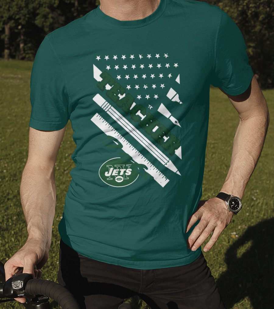 New York Jets Teacher Football Enthusiast American Flag And School Supplies T-Shirt