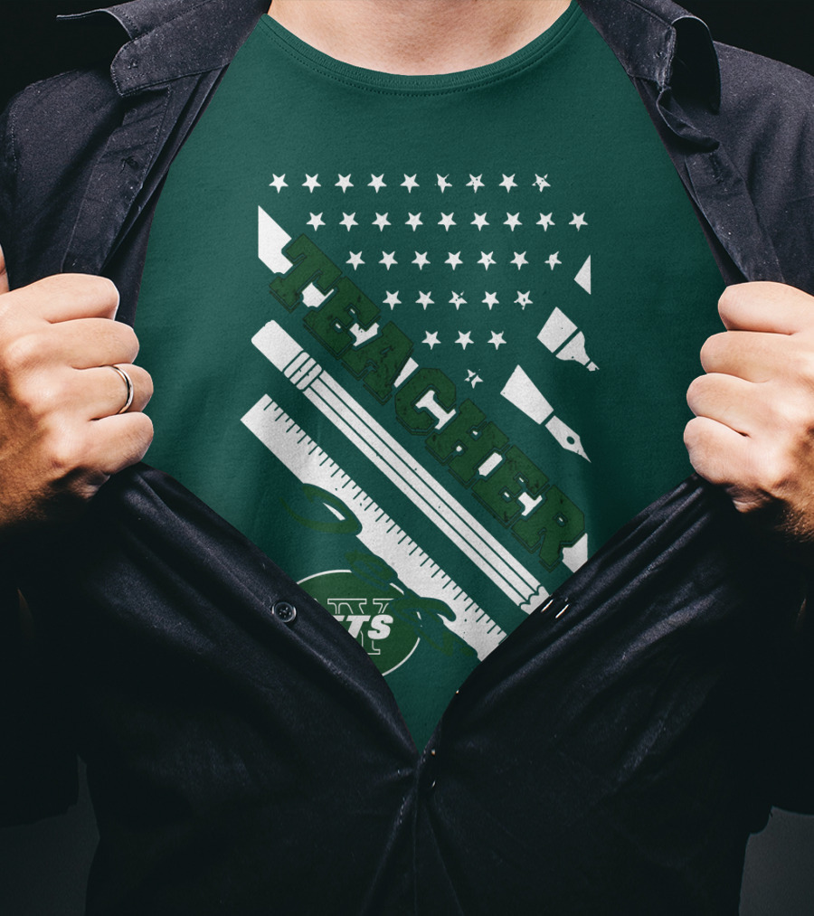New York Jets Teacher Football Enthusiast American Flag And School Supplies T-Shirt