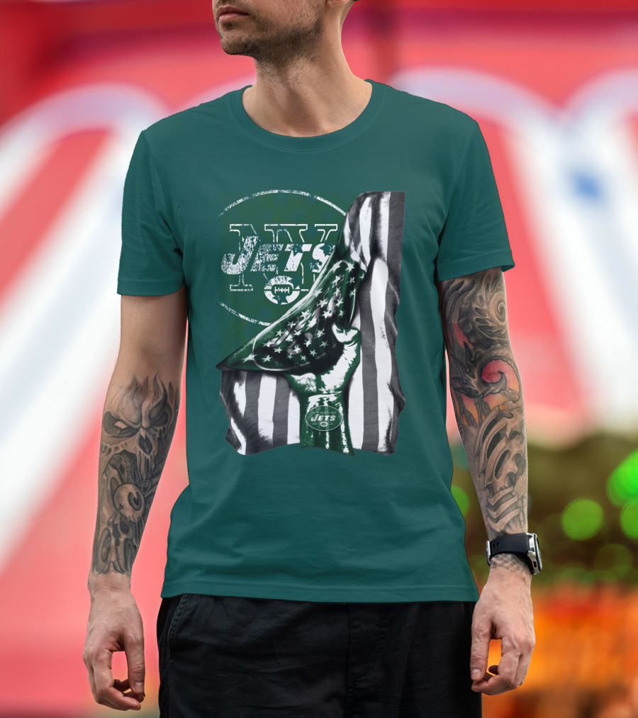 New York Jets Logo With Green And White American Flag And Number One Foam Finger T-Shirt
