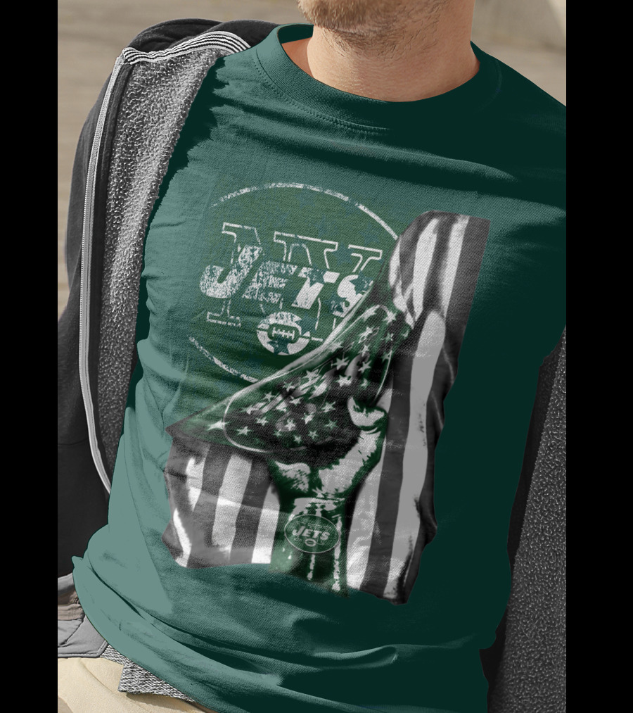 New York Jets Logo With Green And White American Flag And Number One Foam Finger T-Shirt