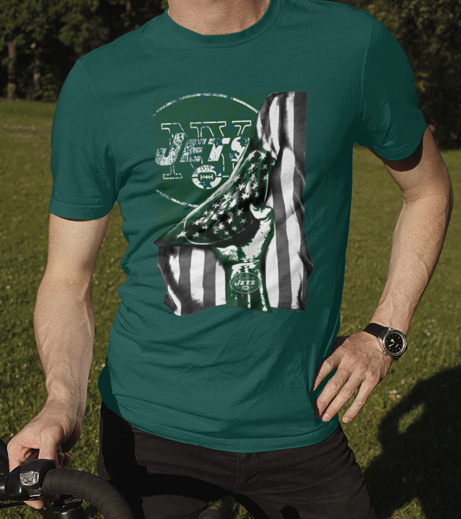 New York Jets Logo With Green And White American Flag And Number One Foam Finger T-Shirt