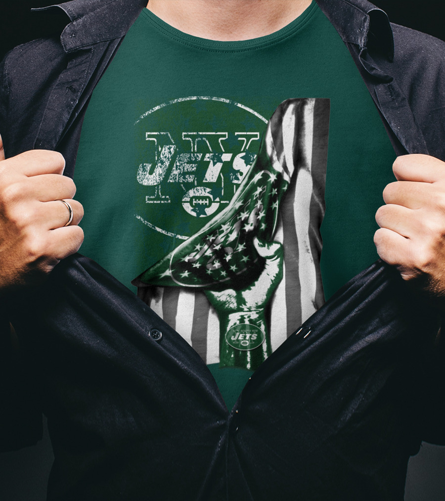New York Jets Logo With Green And White American Flag And Number One Foam Finger T-Shirt