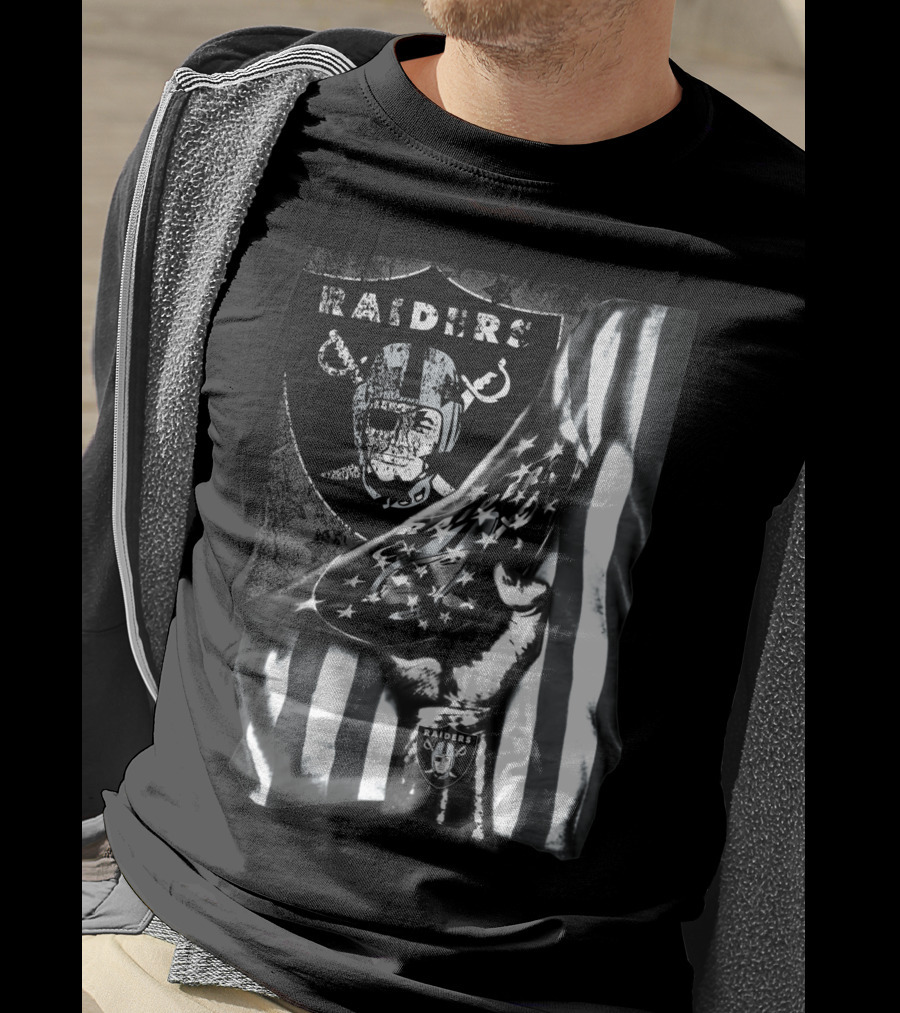 Raiders Shield Helmet And Stars Stripes Black And White Tribute T-Shirt