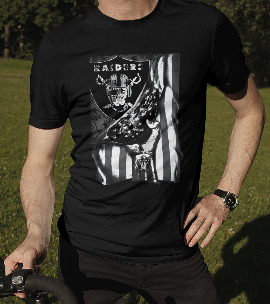 Raiders Shield Helmet And Stars Stripes Black And White Tribute T-Shirt