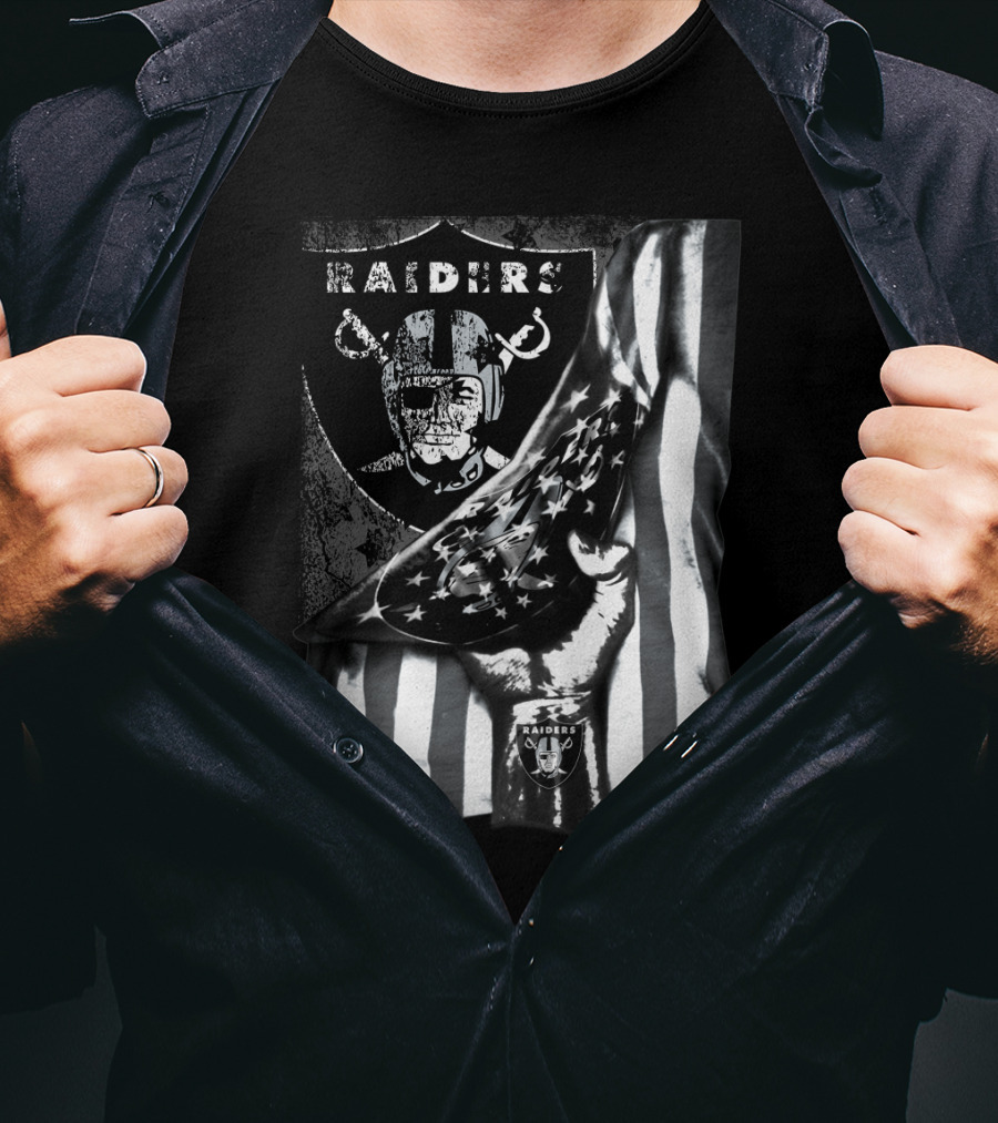 Raiders Shield Helmet And Stars Stripes Black And White Tribute T-Shirt