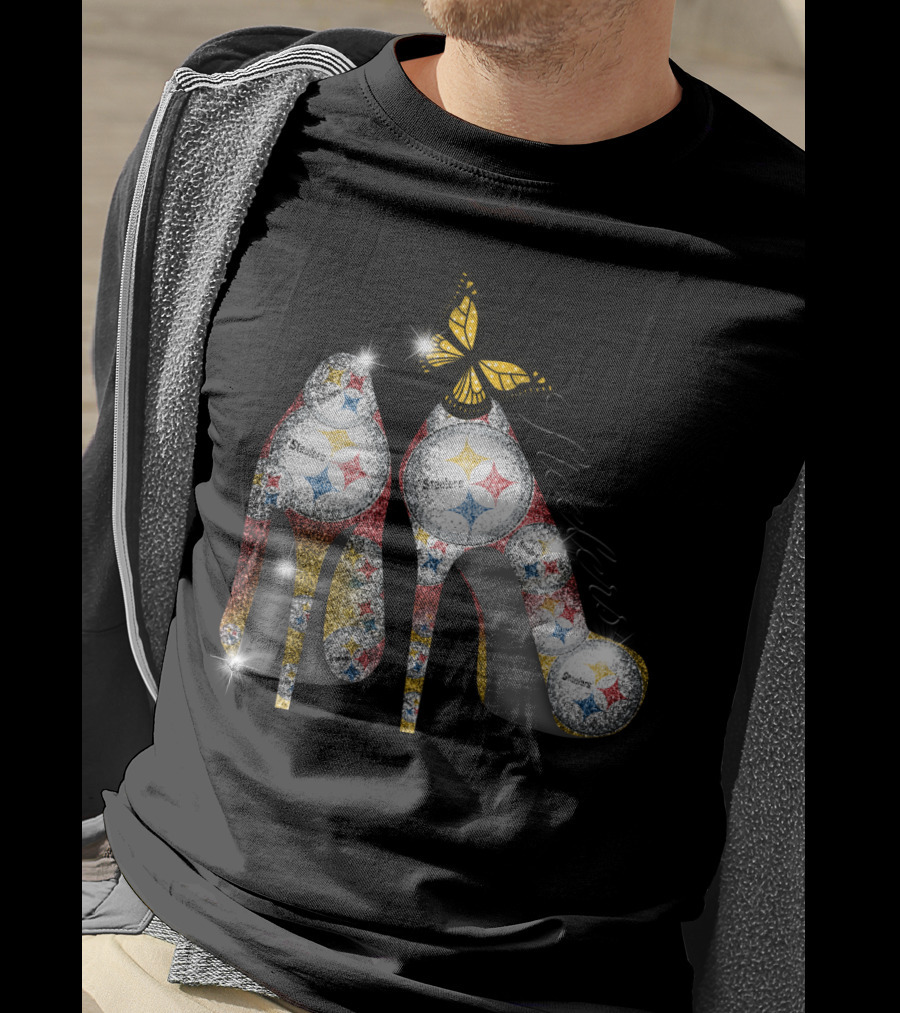 Steelers Pittsburgh High Heels With Yellow Butterfly Sparkle T-Shirt