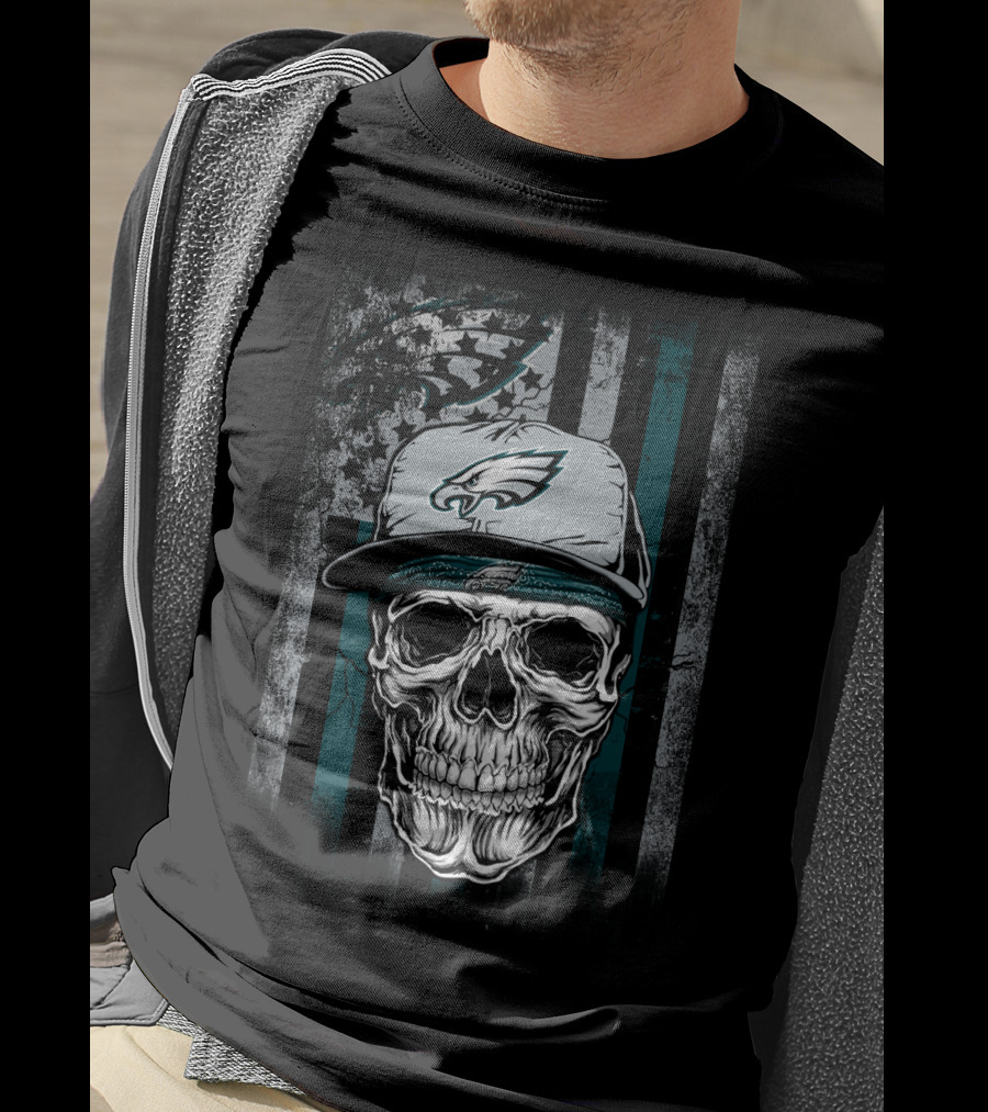 Philadelphia Eagles Skull With Hat On Striped T-Shirt