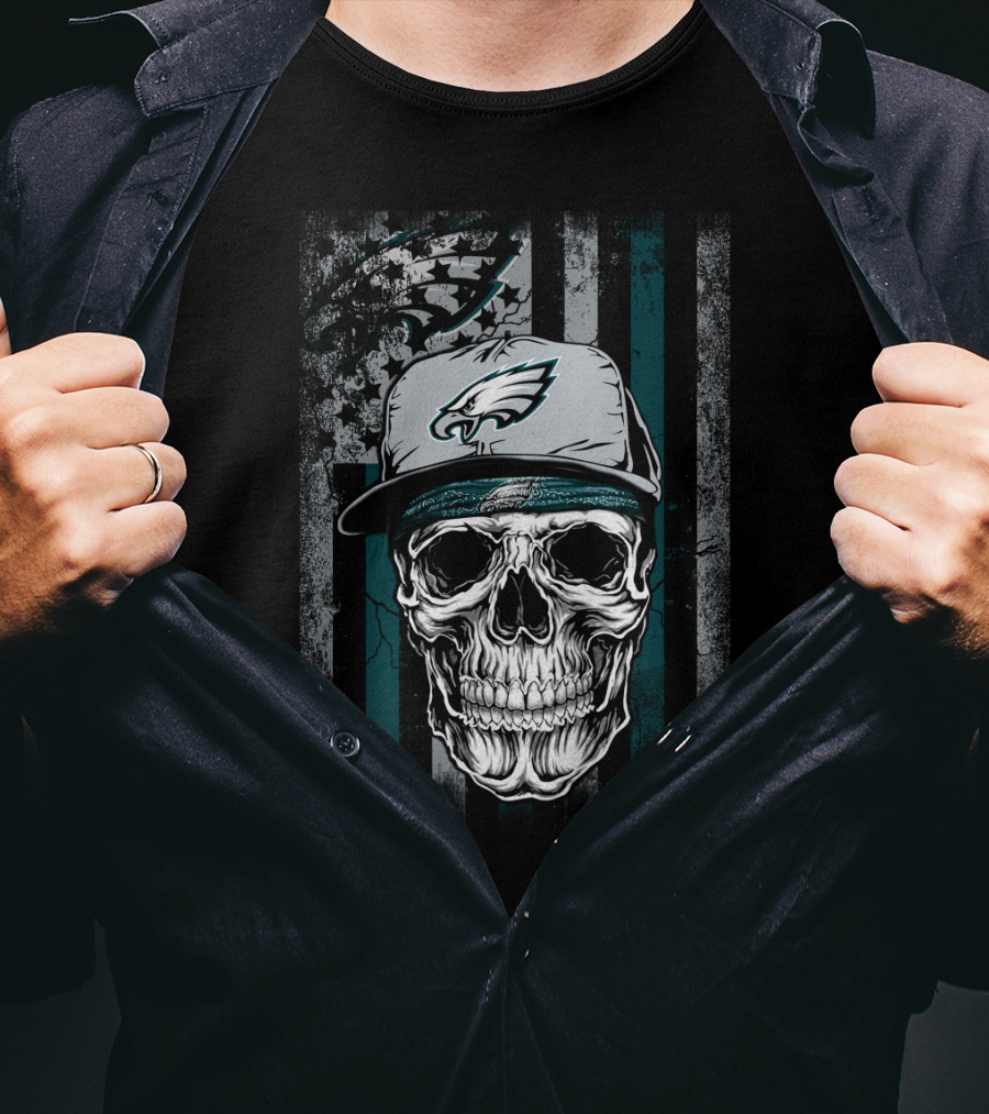 Philadelphia Eagles Skull With Hat On Striped T-Shirt