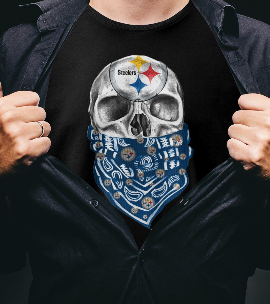 Pittsburgh Steelers Skull Bandana With Team Logo Elements T-Shirt