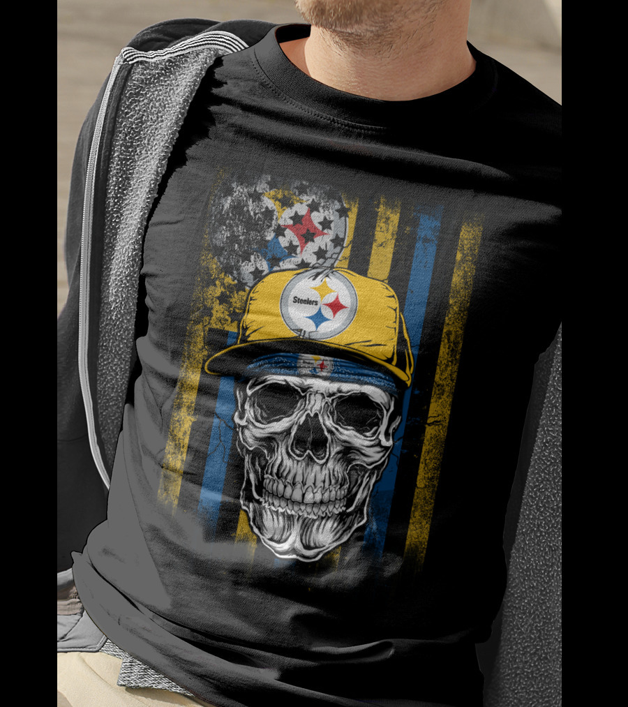 Pittsburgh Steelers Skull With Hat And Black Yellow Stripes T-Shirt