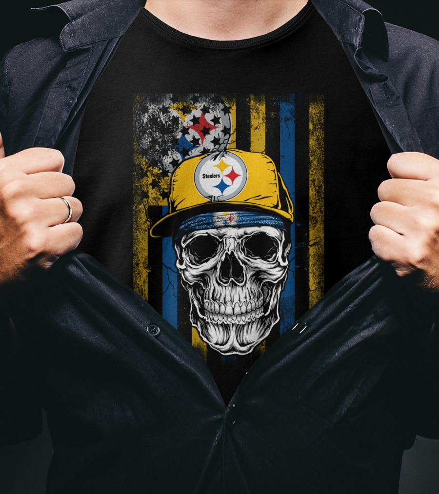 Pittsburgh Steelers Skull With Hat And Black Yellow Stripes T-Shirt