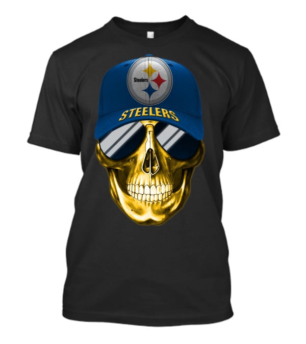 Pittsburgh Steelers Skull Wearing Reflective Sunglasses And Branded Cap T-Shirt