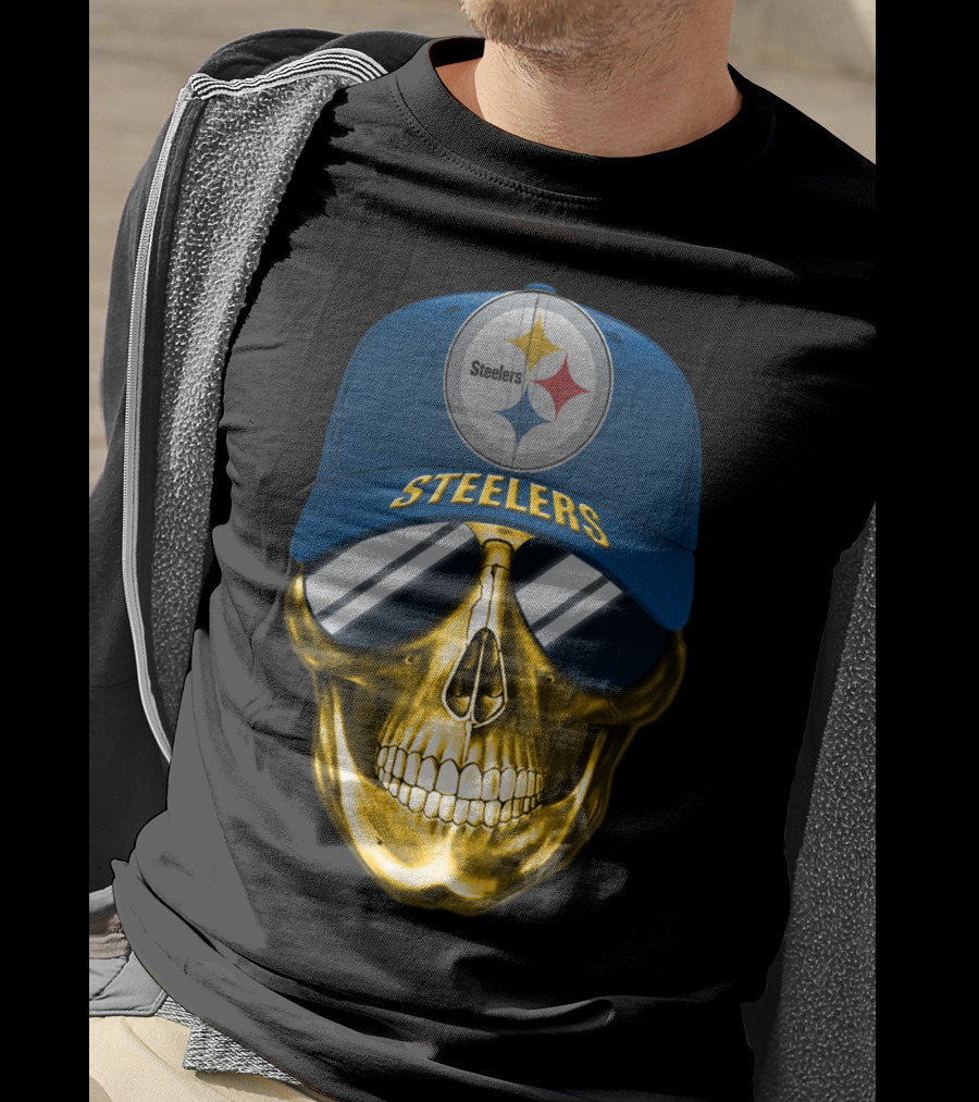 Pittsburgh Steelers Skull Wearing Reflective Sunglasses And Branded Cap T-Shirt