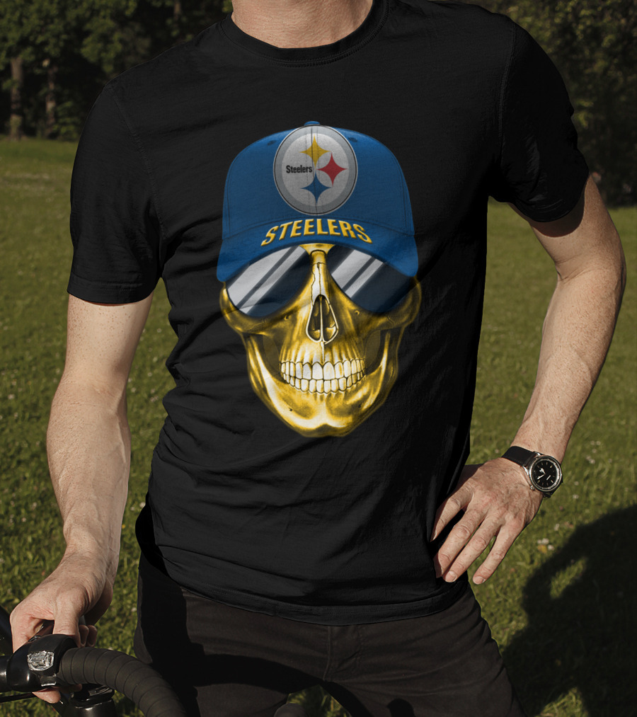 Pittsburgh Steelers Skull Wearing Reflective Sunglasses And Branded Cap T-Shirt