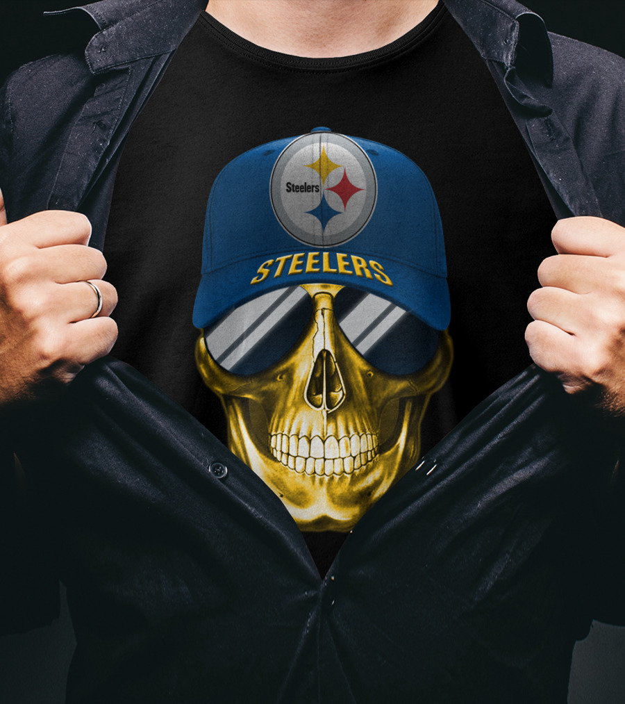 Pittsburgh Steelers Skull Wearing Reflective Sunglasses And Branded Cap T-Shirt