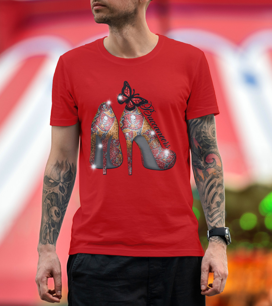 Buccaneers Heels With Red And Gold Skull Pattern Butterfly Accent T-Shirt