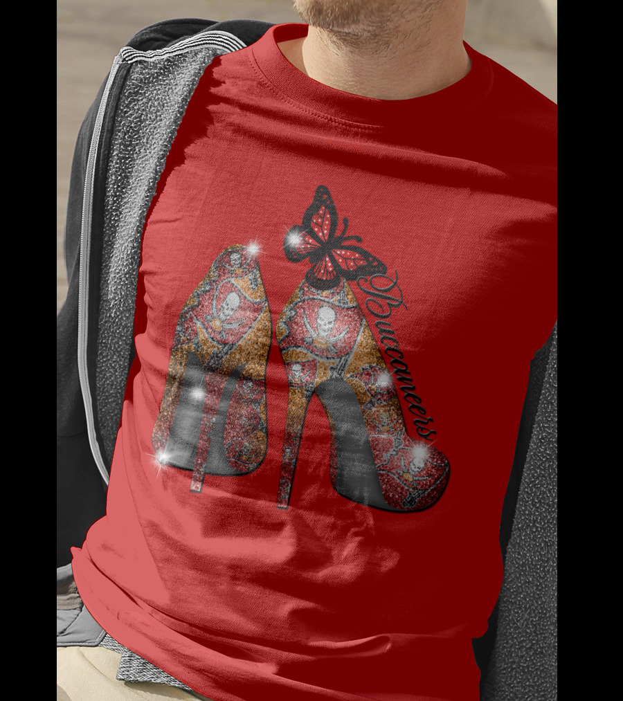 Buccaneers Heels With Red And Gold Skull Pattern Butterfly Accent T-Shirt