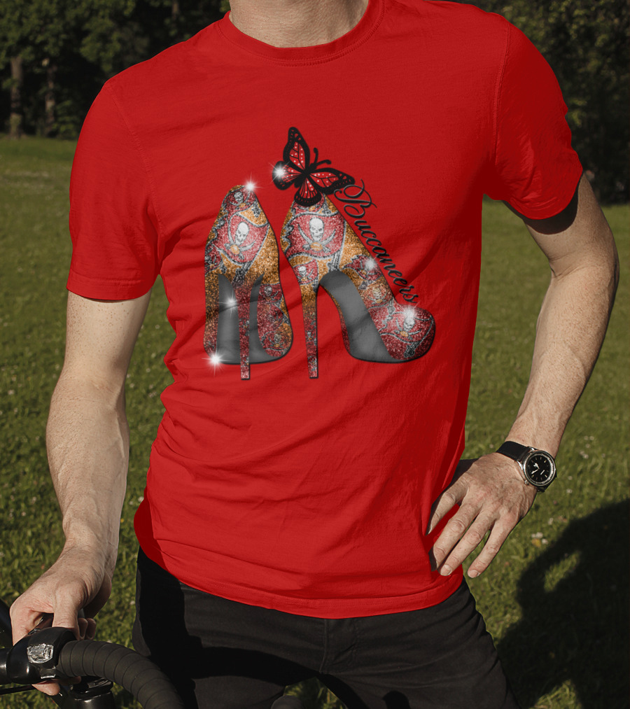 Buccaneers Heels With Red And Gold Skull Pattern Butterfly Accent T-Shirt