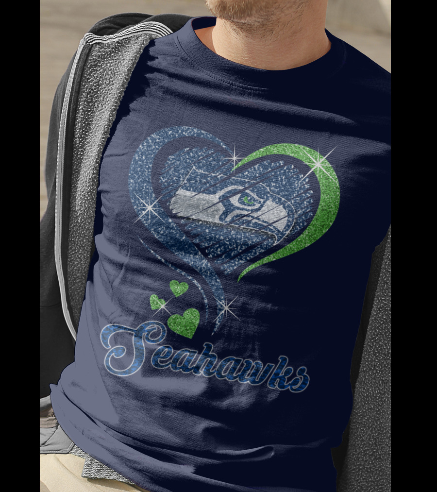 Seahawks Heart Logo With Green And Blue Sparkles T-Shirt
