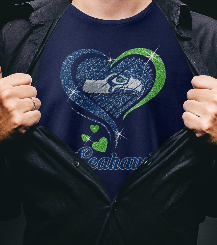 Seahawks Heart Logo With Green And Blue Sparkles T-Shirt