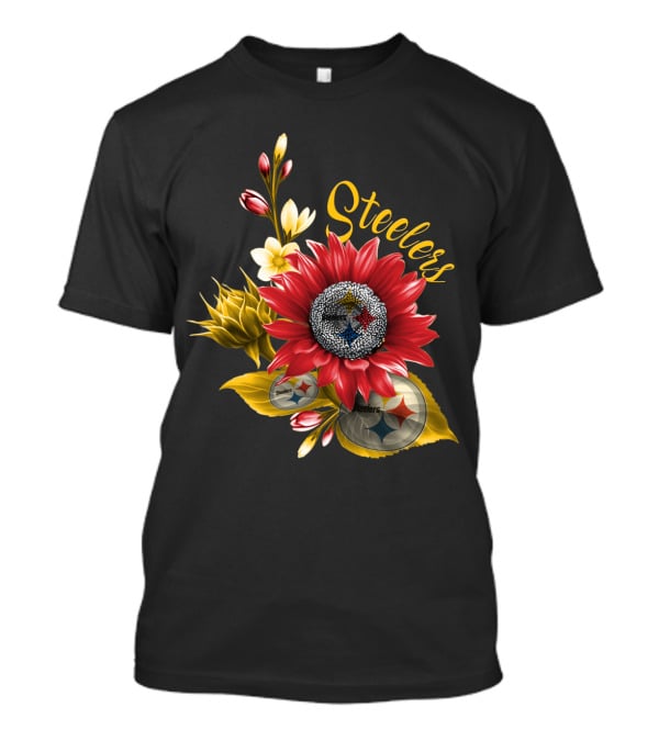 Steelers Floral Emblem With Pittsburgh Steelers Logos And Blooming Flowers T-Shirt