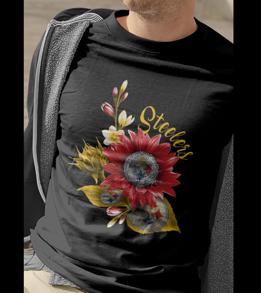 Steelers Floral Emblem With Pittsburgh Steelers Logos And Blooming Flowers T-Shirt