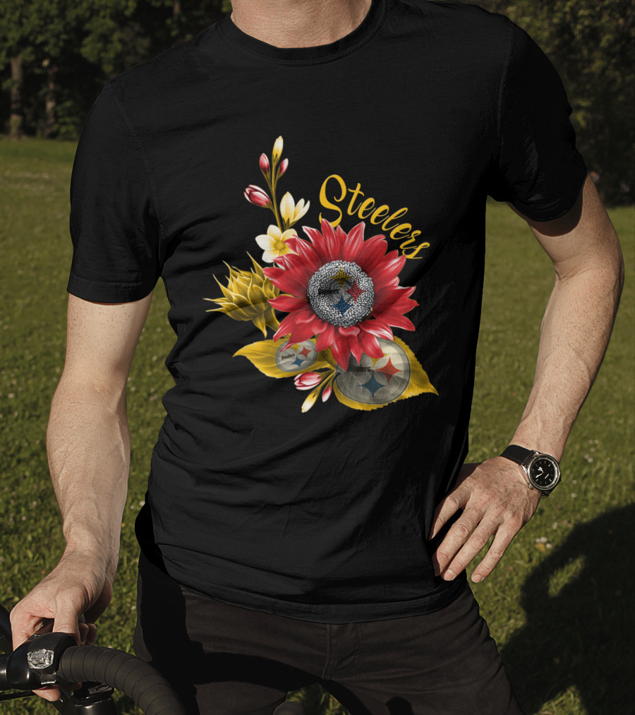 Steelers Floral Emblem With Pittsburgh Steelers Logos And Blooming Flowers T-Shirt