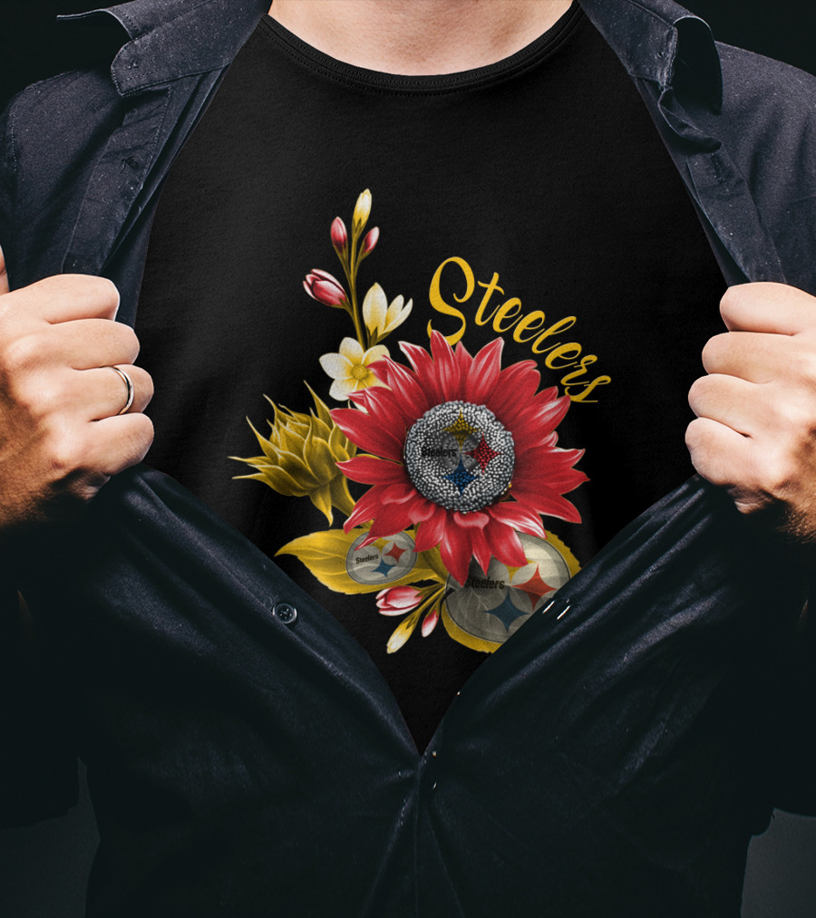 Steelers Floral Emblem With Pittsburgh Steelers Logos And Blooming Flowers T-Shirt