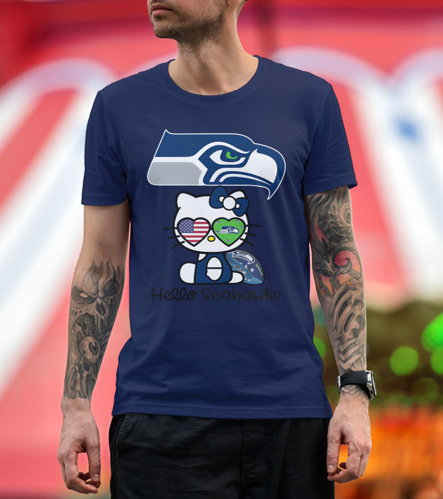 Seattle Seahawks Hello Kitty With Heart Eyes American Flag T-Shirt